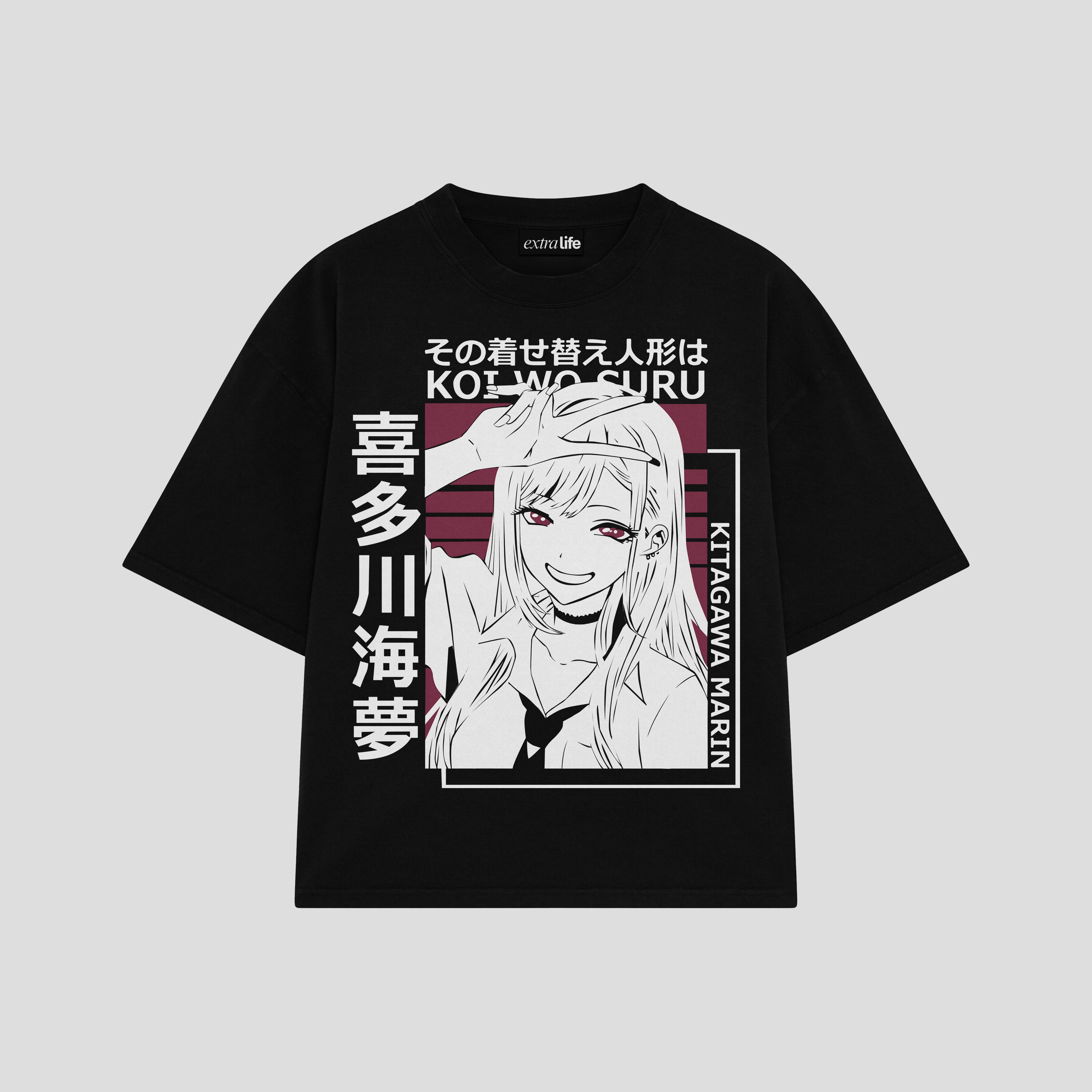 Playera streetwear premium de anime y gaming ExtraLife MX, corte boxy oversized drop shoulder heavyweight en color Deep Black y Off-White, moda urbana mexicana de culto.