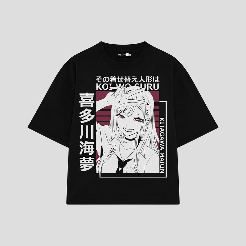 Playera streetwear premium de anime y gaming ExtraLife MX, corte boxy oversized drop shoulder heavyweight en color Deep Black y Off-White, moda urbana mexicana de culto.
