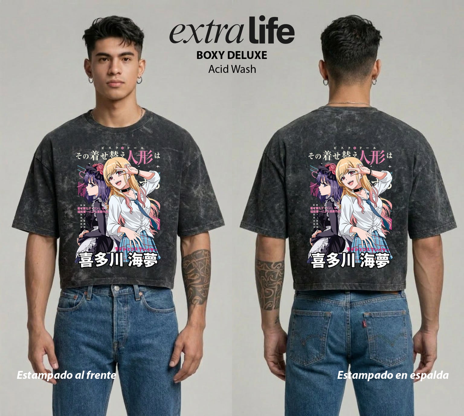 Playera streetwear premium de anime y gaming ExtraLife MX, corte boxy deluxe mineral wash heavyweight en color Acid Wash, moda urbana mexicana de culto.