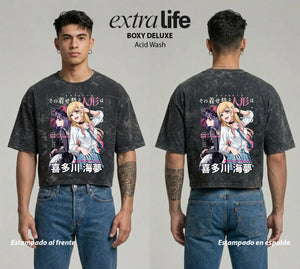 Playera streetwear premium de anime y gaming ExtraLife MX, corte boxy deluxe mineral wash heavyweight en color Acid Wash, moda urbana mexicana de culto.