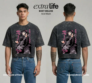 Playera streetwear premium de anime y gaming ExtraLife MX, corte boxy deluxe mineral wash heavyweight en color Acid Wash, moda urbana mexicana de culto.