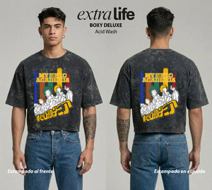 Playera streetwear premium de anime y gaming ExtraLife MX, corte boxy deluxe mineral wash heavyweight en color Acid Wash, moda urbana mexicana de culto.