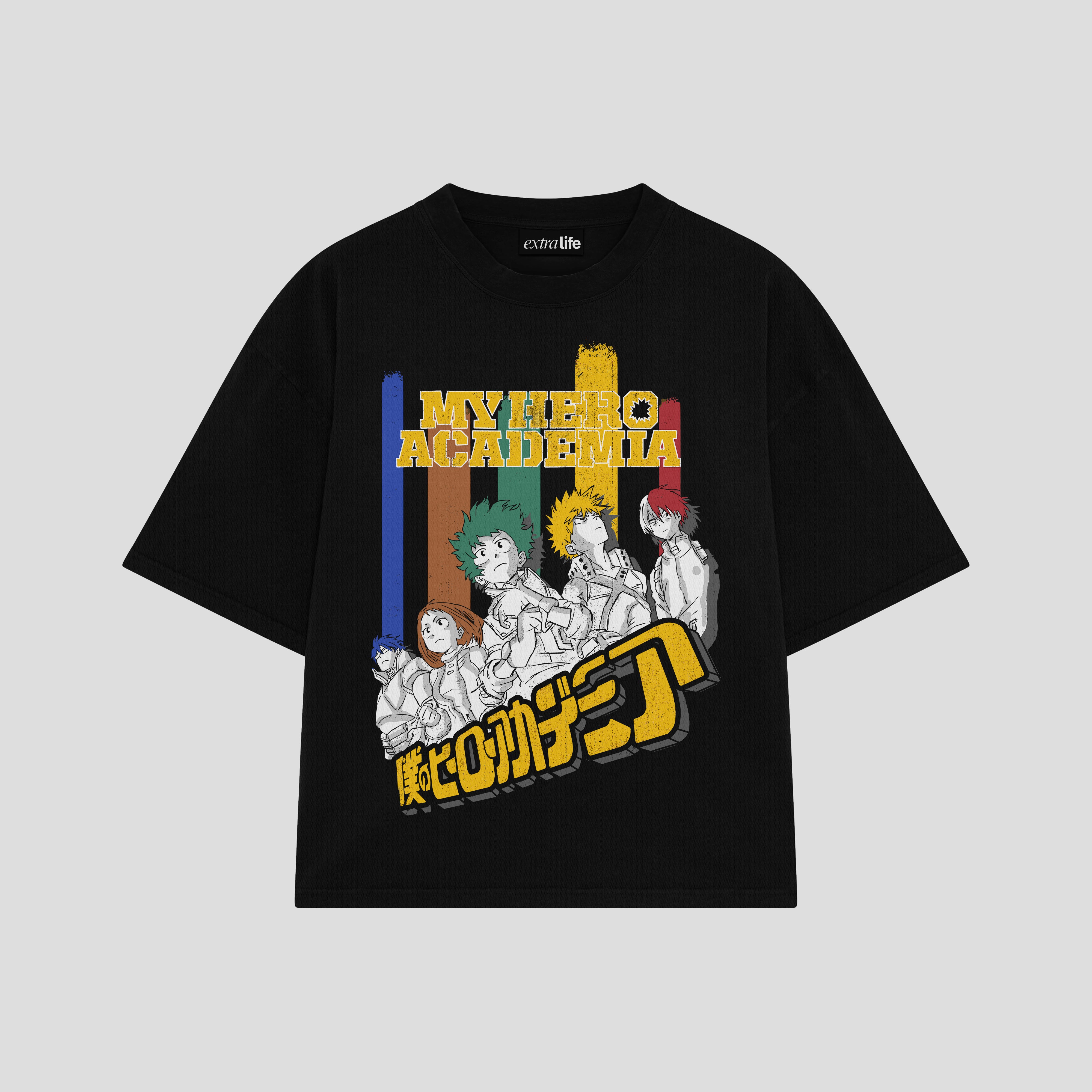Playera streetwear premium de anime y gaming ExtraLife MX, corte boxy oversized drop shoulder heavyweight en color Deep Black y Off-White, moda urbana mexicana de culto.