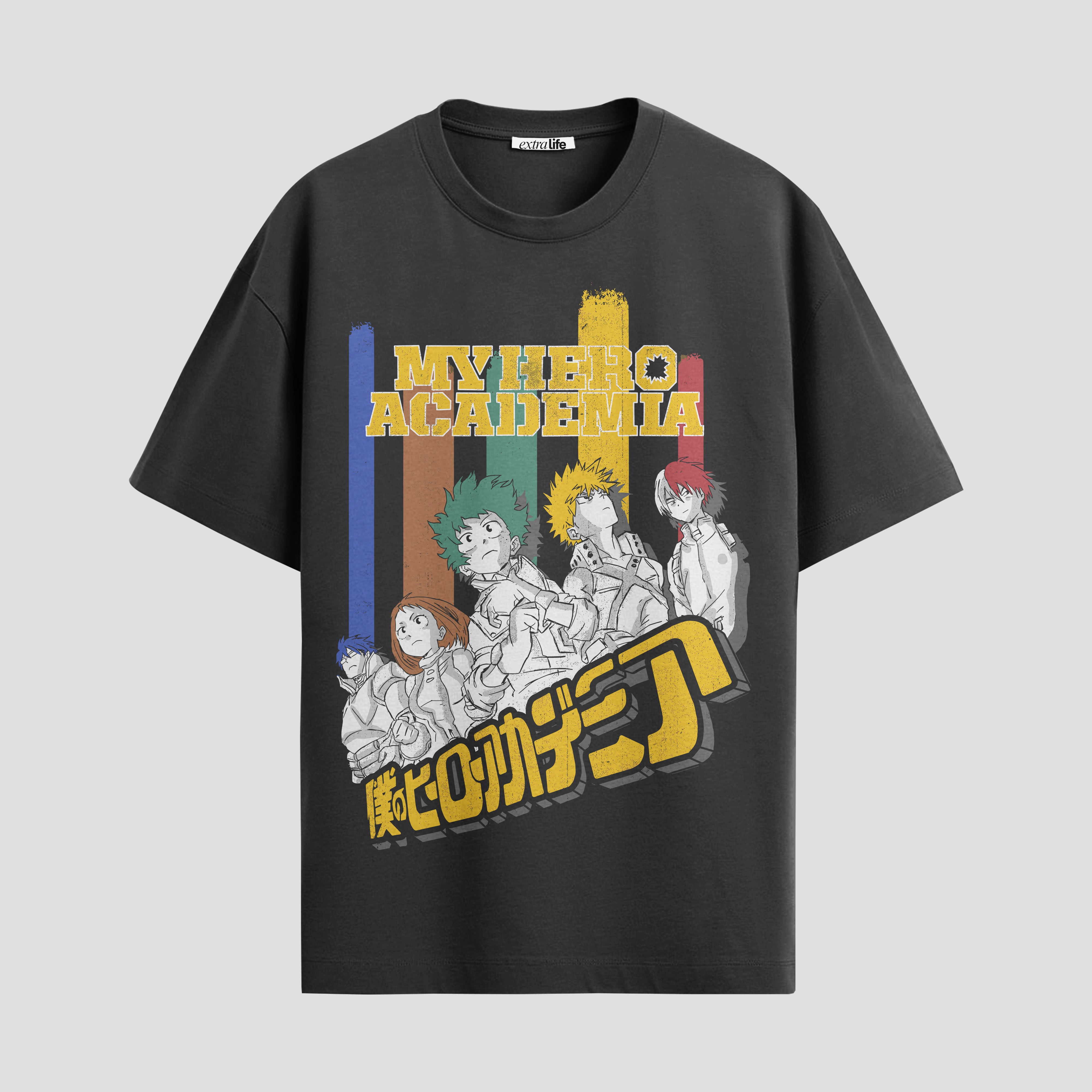 Playera urbana de anime y gaming ExtraLife MX, corte Standard Fit unisex ligero y transpirable en color Deep Black y Pure White, ropa de uso diario para gym y casual.