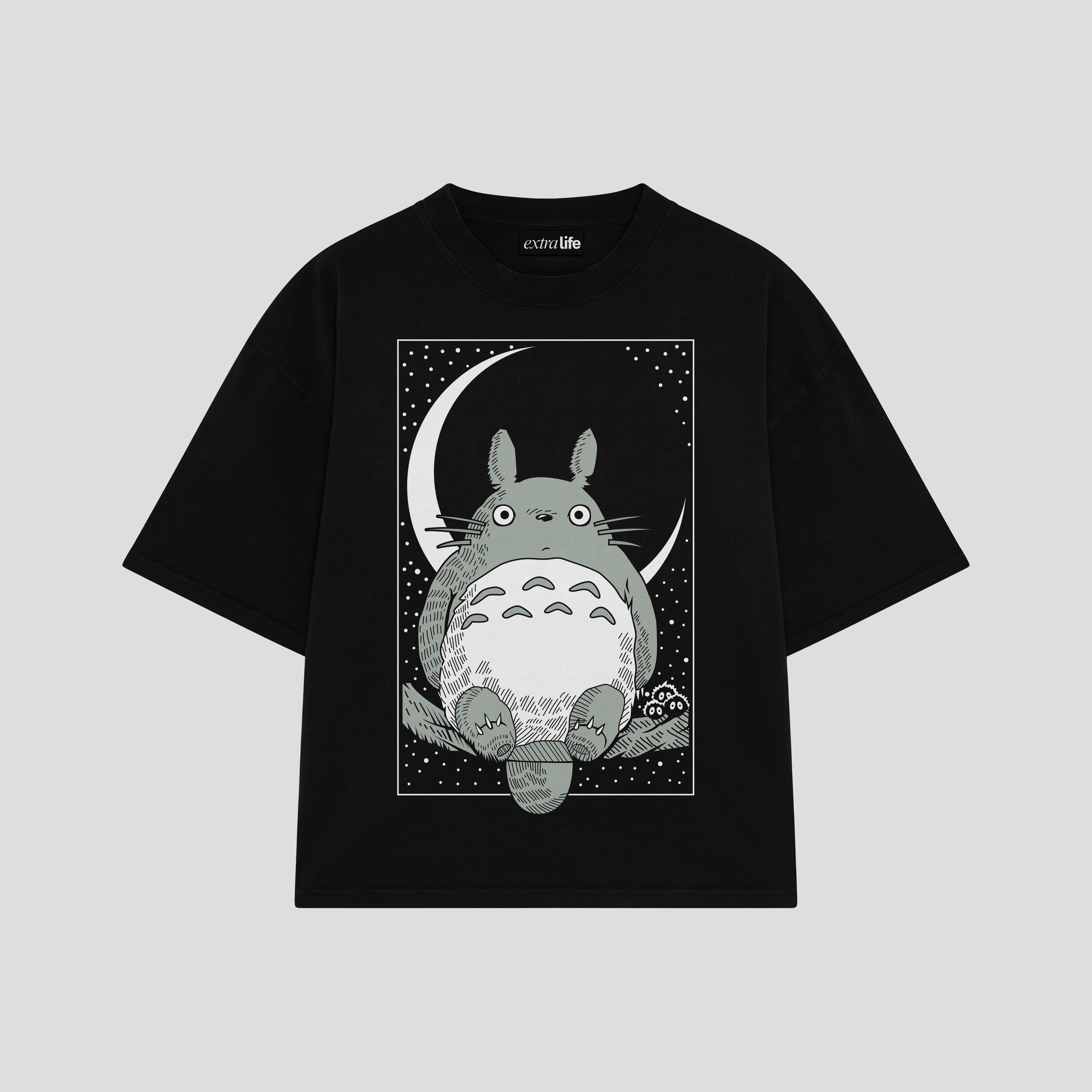 Playera streetwear premium de anime y gaming ExtraLife MX, corte boxy oversized drop shoulder heavyweight en color Deep Black y Off-White, moda urbana mexicana de culto.