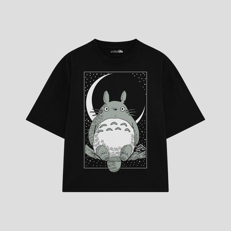 Playera streetwear premium de anime y gaming ExtraLife MX, corte boxy oversized drop shoulder heavyweight en color Deep Black y Off-White, moda urbana mexicana de culto.