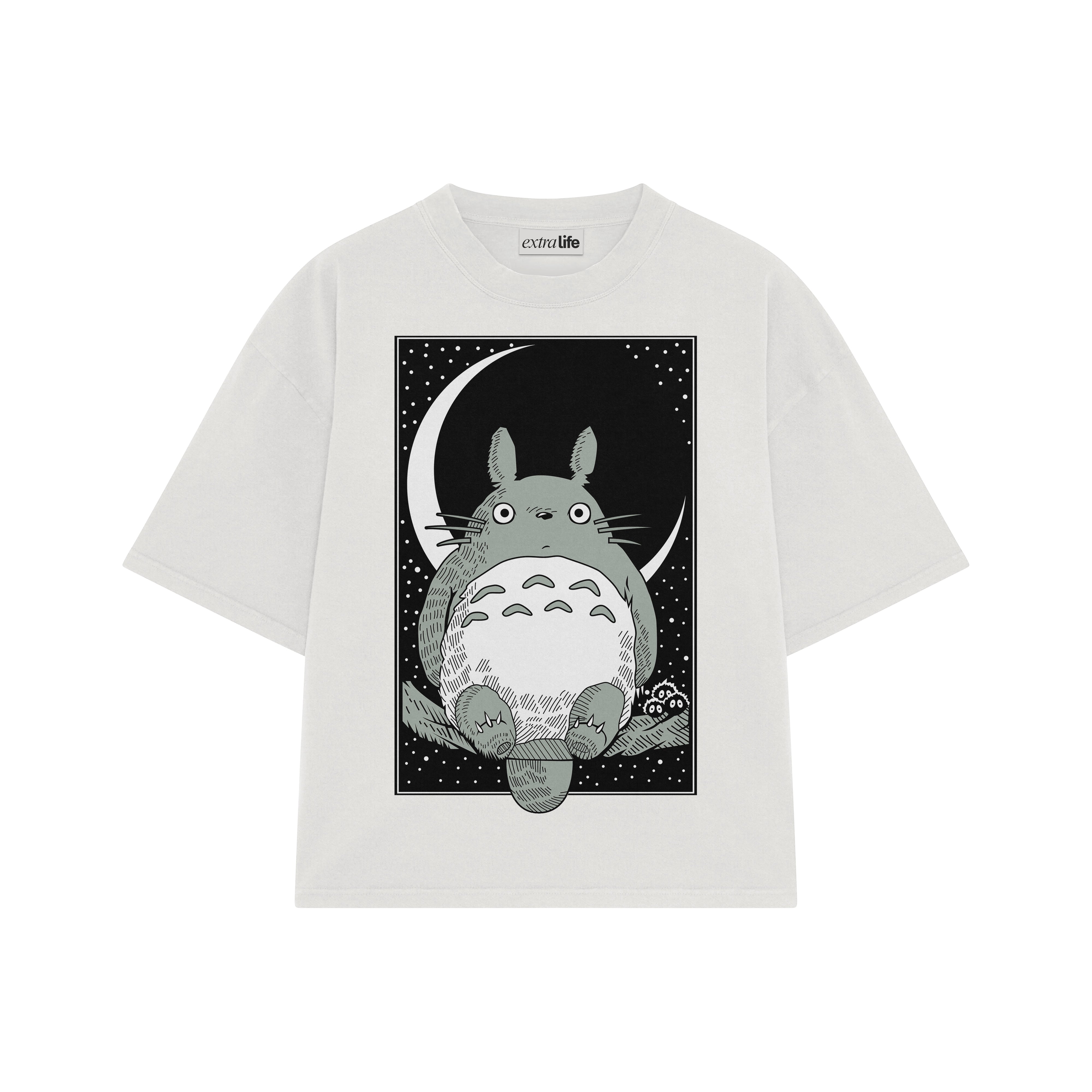 Playera streetwear premium de anime y gaming ExtraLife MX, corte boxy oversized drop shoulder heavyweight en color Deep Black y Off-White, moda urbana mexicana de culto.