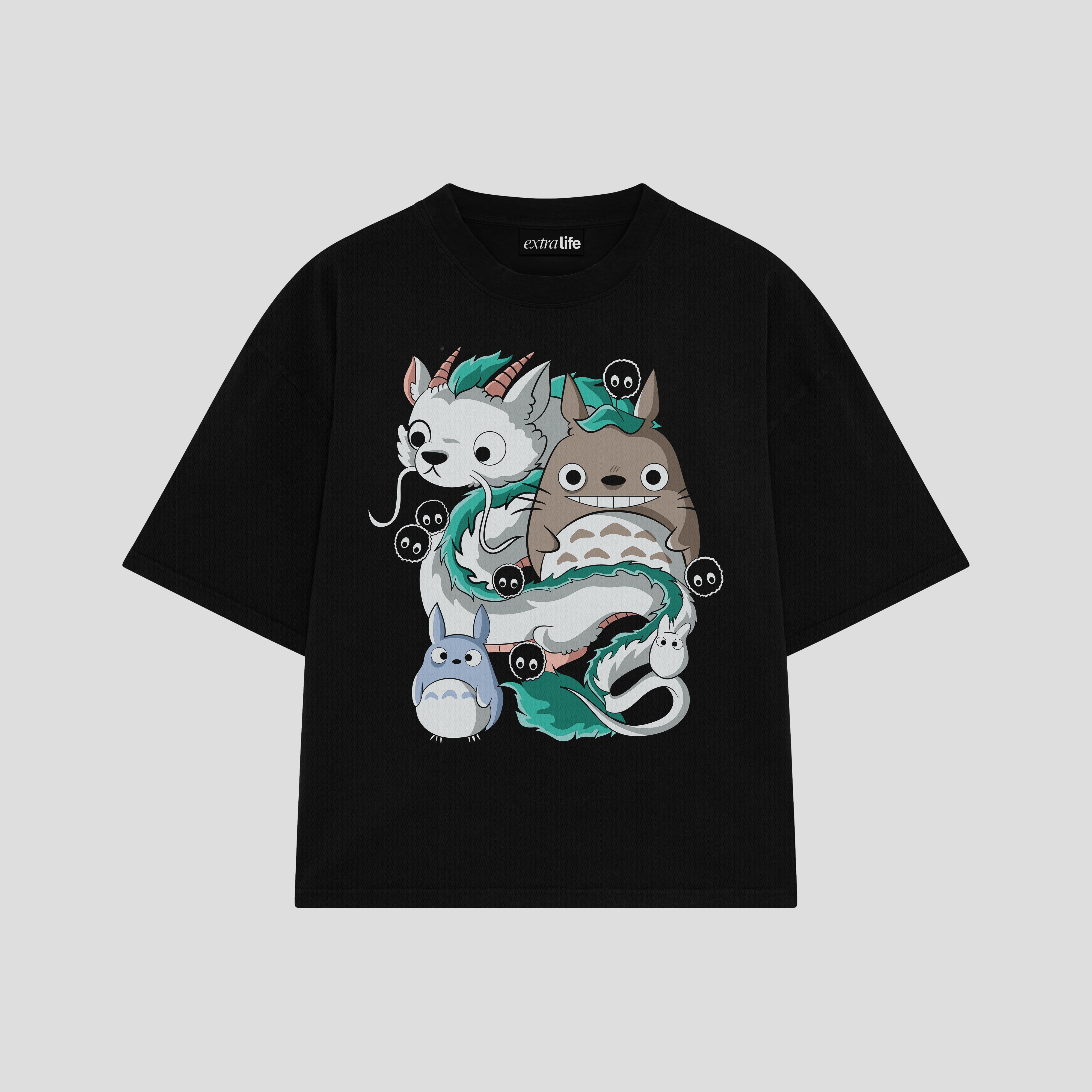 Playera streetwear premium de anime y gaming ExtraLife MX, corte boxy oversized drop shoulder heavyweight en color Deep Black y Off-White, moda urbana mexicana de culto.
