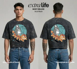 Playera streetwear premium de anime y gaming ExtraLife MX, corte boxy deluxe mineral wash heavyweight en color Acid Wash, moda urbana mexicana de culto.
