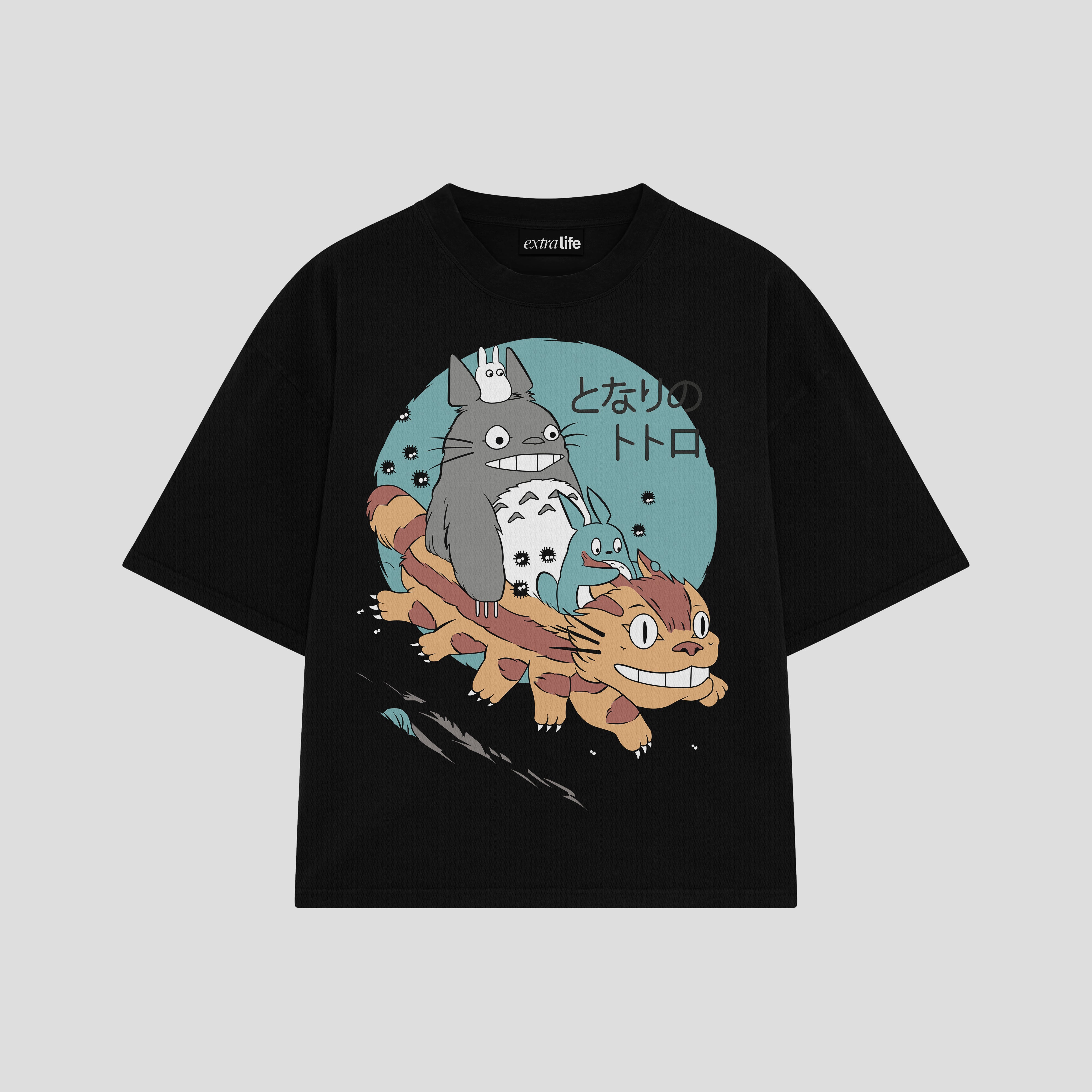 Playera streetwear premium de anime y gaming ExtraLife MX, corte boxy oversized drop shoulder heavyweight en color Deep Black y Off-White, moda urbana mexicana de culto.