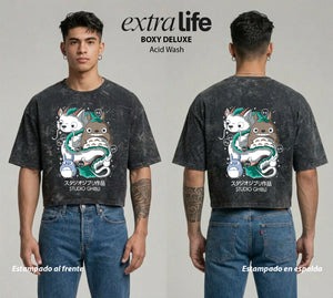 Playera streetwear premium de anime y gaming ExtraLife MX, corte boxy deluxe mineral wash heavyweight en color Acid Wash, moda urbana mexicana de culto.