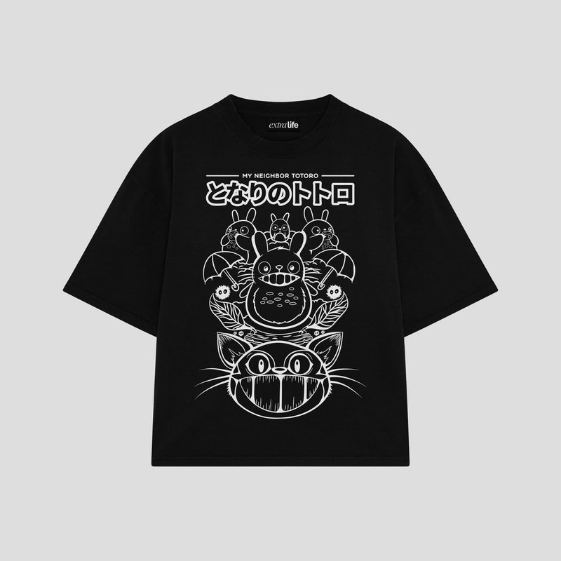 Playera streetwear premium de anime y gaming ExtraLife MX, corte boxy oversized drop shoulder heavyweight en color Deep Black y Off-White, moda urbana mexicana de culto.