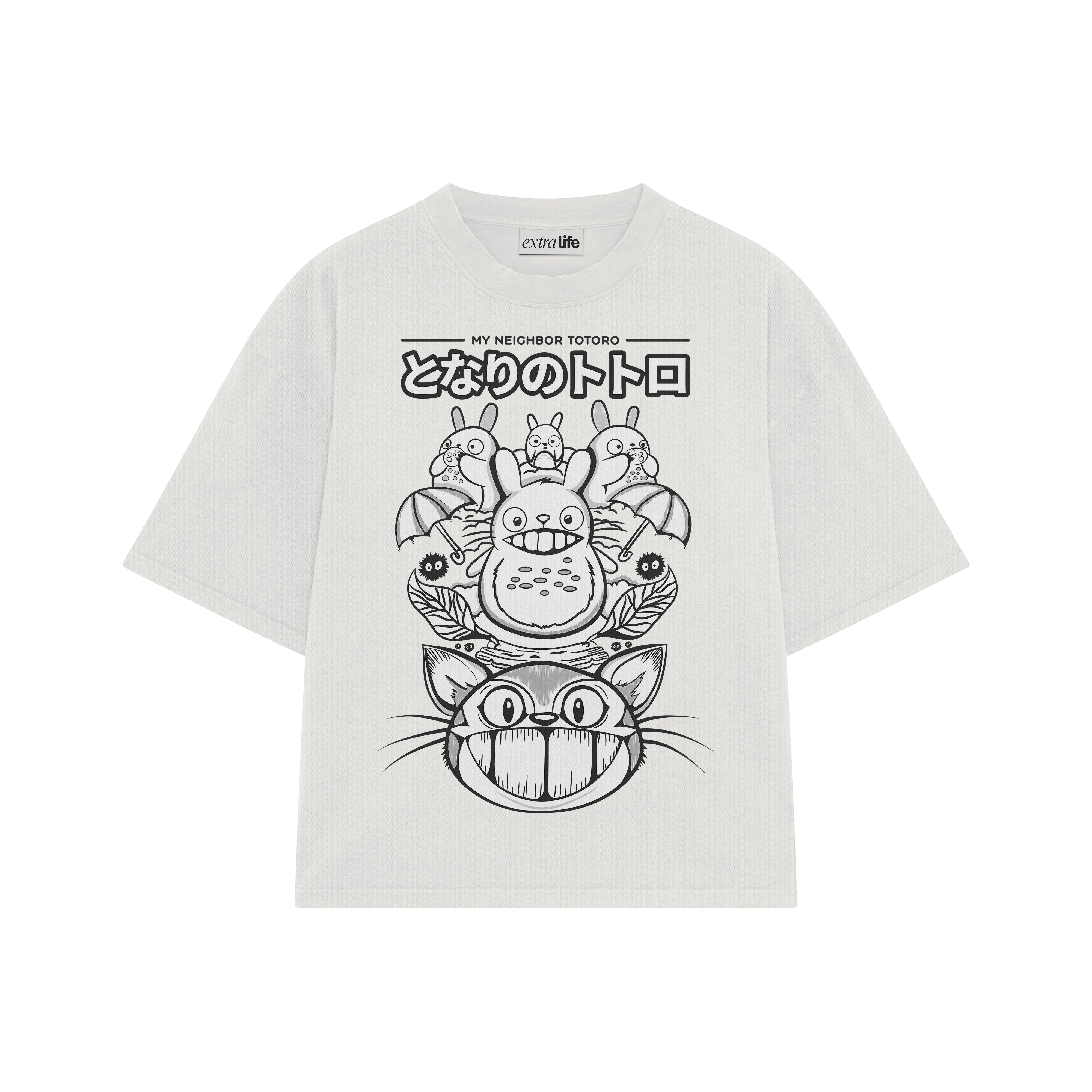 Playera streetwear premium de anime y gaming ExtraLife MX, corte boxy oversized drop shoulder heavyweight en color Deep Black y Off-White, moda urbana mexicana de culto.