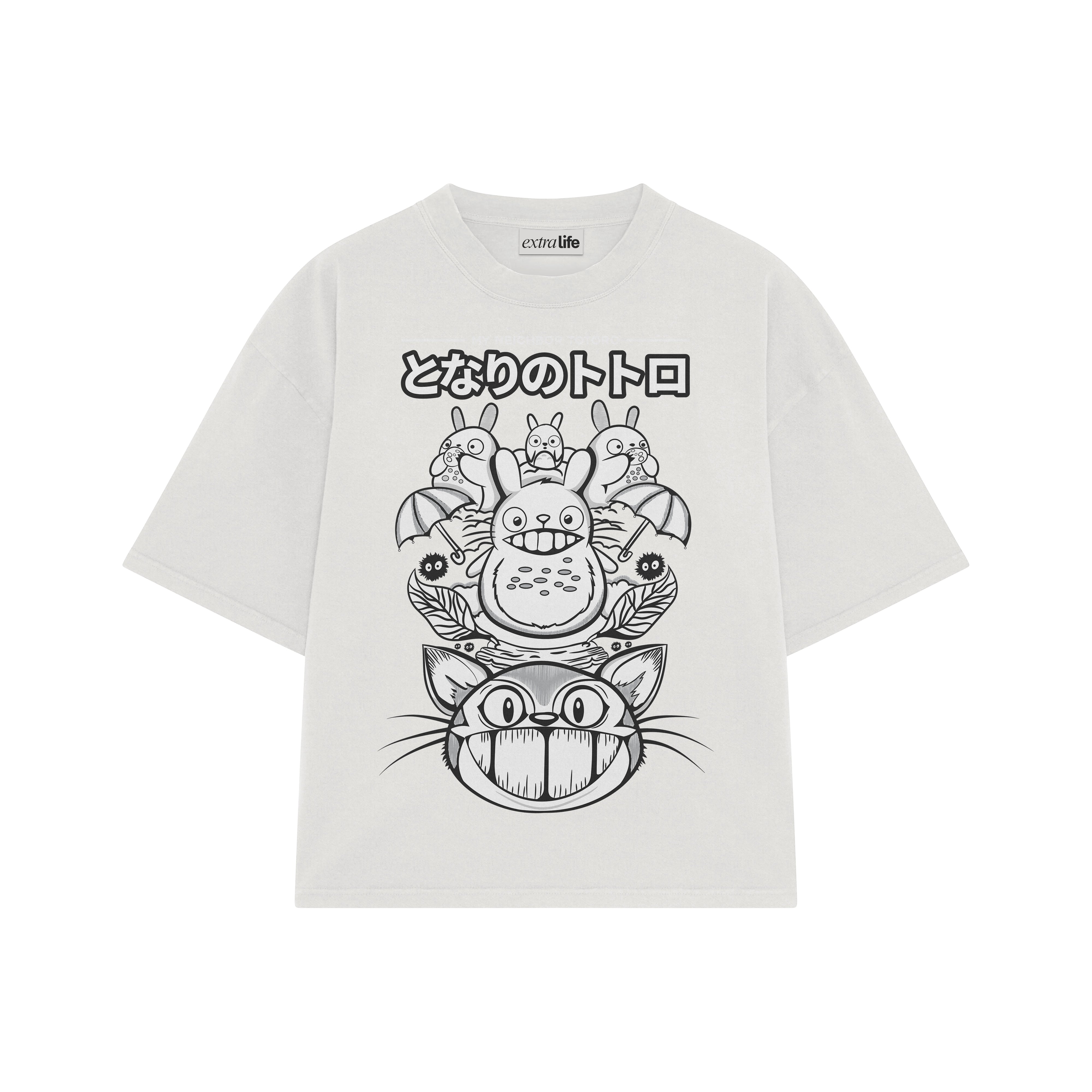 Playera streetwear premium de anime y gaming ExtraLife MX, corte boxy oversized drop shoulder heavyweight en color Deep Black y Off-White, moda urbana mexicana de culto.