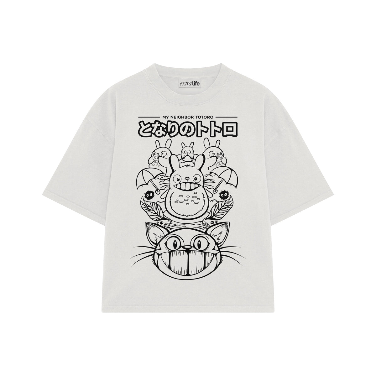 Playera streetwear premium de anime y gaming ExtraLife MX, corte oversized drop shoulder ligero y fresco en color Deep Black y Off-White, moda urbana mexicana de culto.