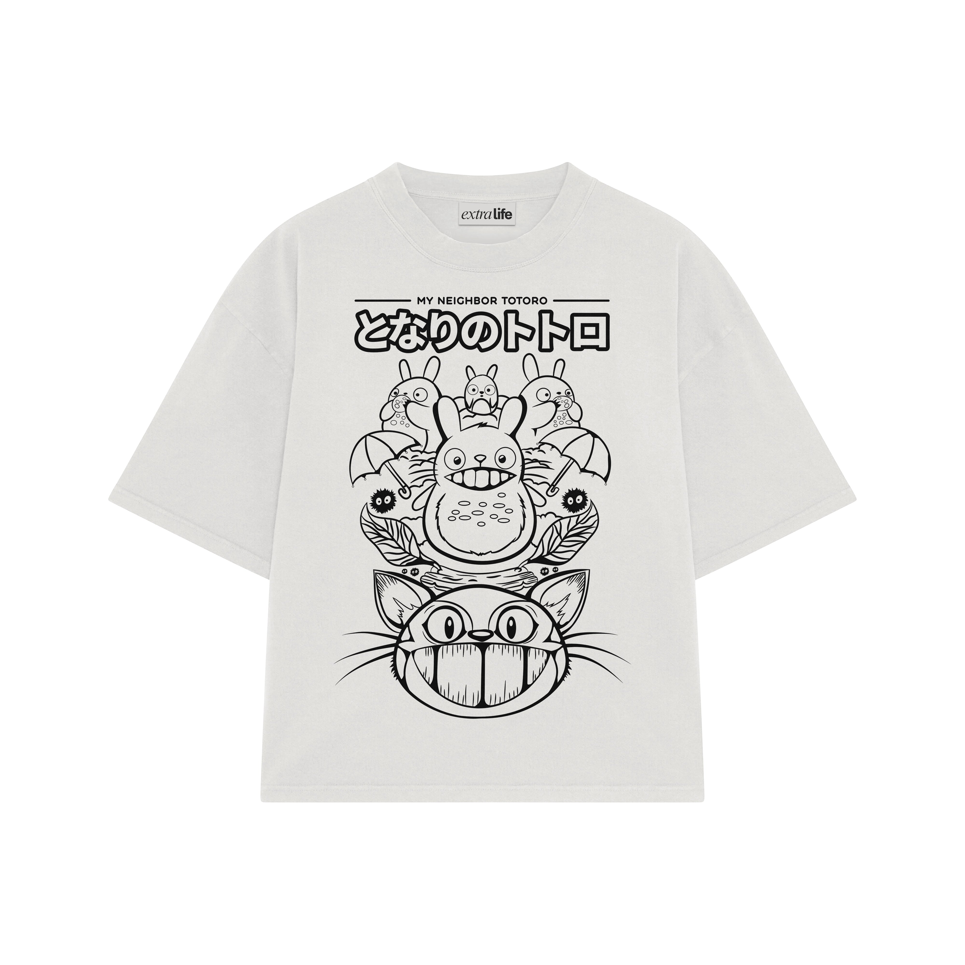 Playera streetwear premium de anime y gaming ExtraLife MX, corte boxy oversized drop shoulder heavyweight en color Deep Black y Off-White, moda urbana mexicana de culto.