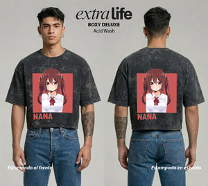Playera streetwear premium de anime y gaming ExtraLife MX, corte boxy deluxe mineral wash heavyweight en color Acid Wash, moda urbana mexicana de culto.