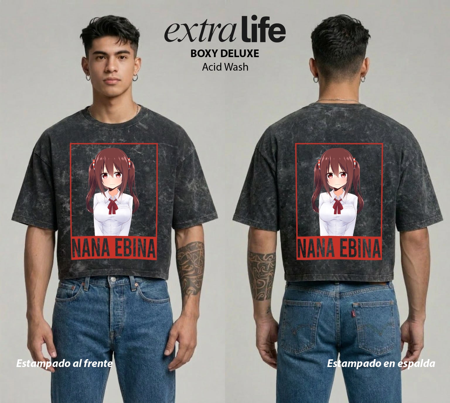 Playera streetwear premium de anime y gaming ExtraLife MX, corte boxy deluxe mineral wash heavyweight en color Acid Wash, moda urbana mexicana de culto.