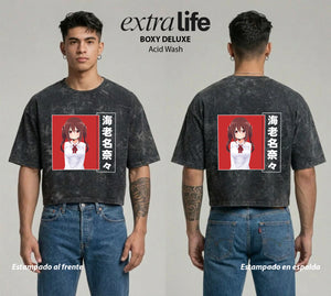 Playera streetwear premium de anime y gaming ExtraLife MX, corte boxy deluxe mineral wash heavyweight en color Acid Wash, moda urbana mexicana de culto.