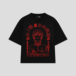 Playera streetwear premium de anime y gaming ExtraLife MX, corte boxy oversized drop shoulder heavyweight en color Deep Black y Off-White, moda urbana mexicana de culto.