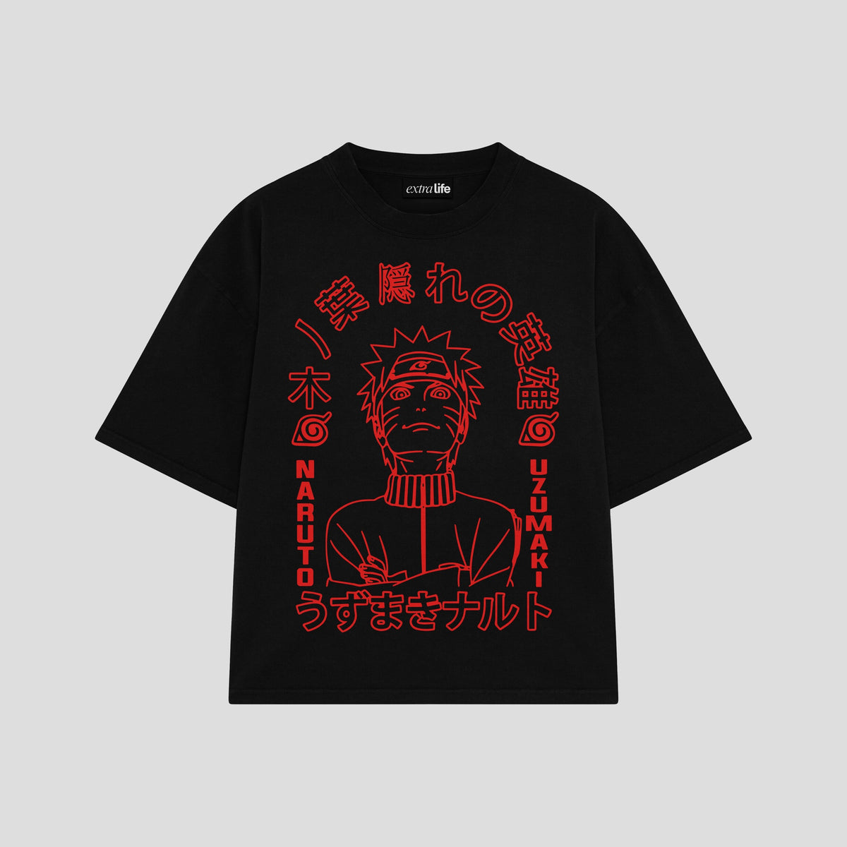 Playera streetwear premium de anime y gaming ExtraLife MX, corte oversized drop shoulder ligero y fresco en color Deep Black y Off-White, moda urbana mexicana de culto.