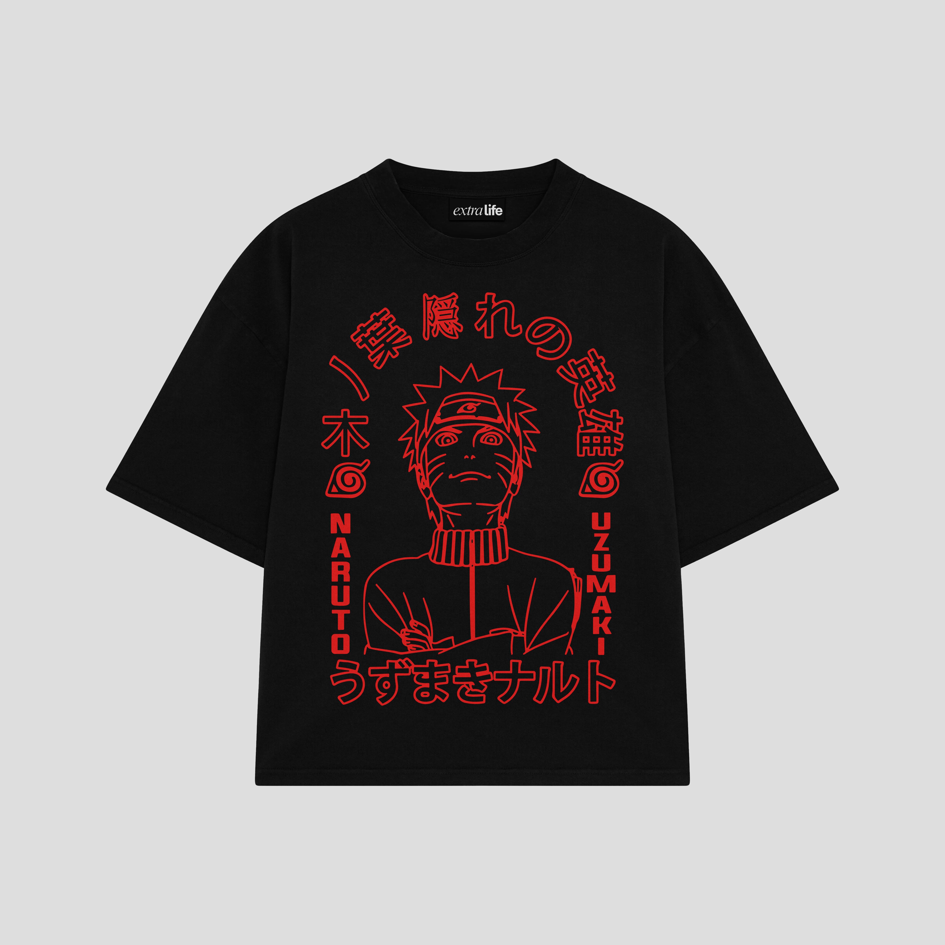 Playera streetwear premium de anime y gaming ExtraLife MX, corte boxy oversized drop shoulder heavyweight en color Deep Black y Off-White, moda urbana mexicana de culto.