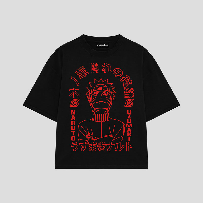 Playera streetwear premium de anime y gaming ExtraLife MX, corte boxy oversized drop shoulder heavyweight en color Deep Black y Off-White, moda urbana mexicana de culto.