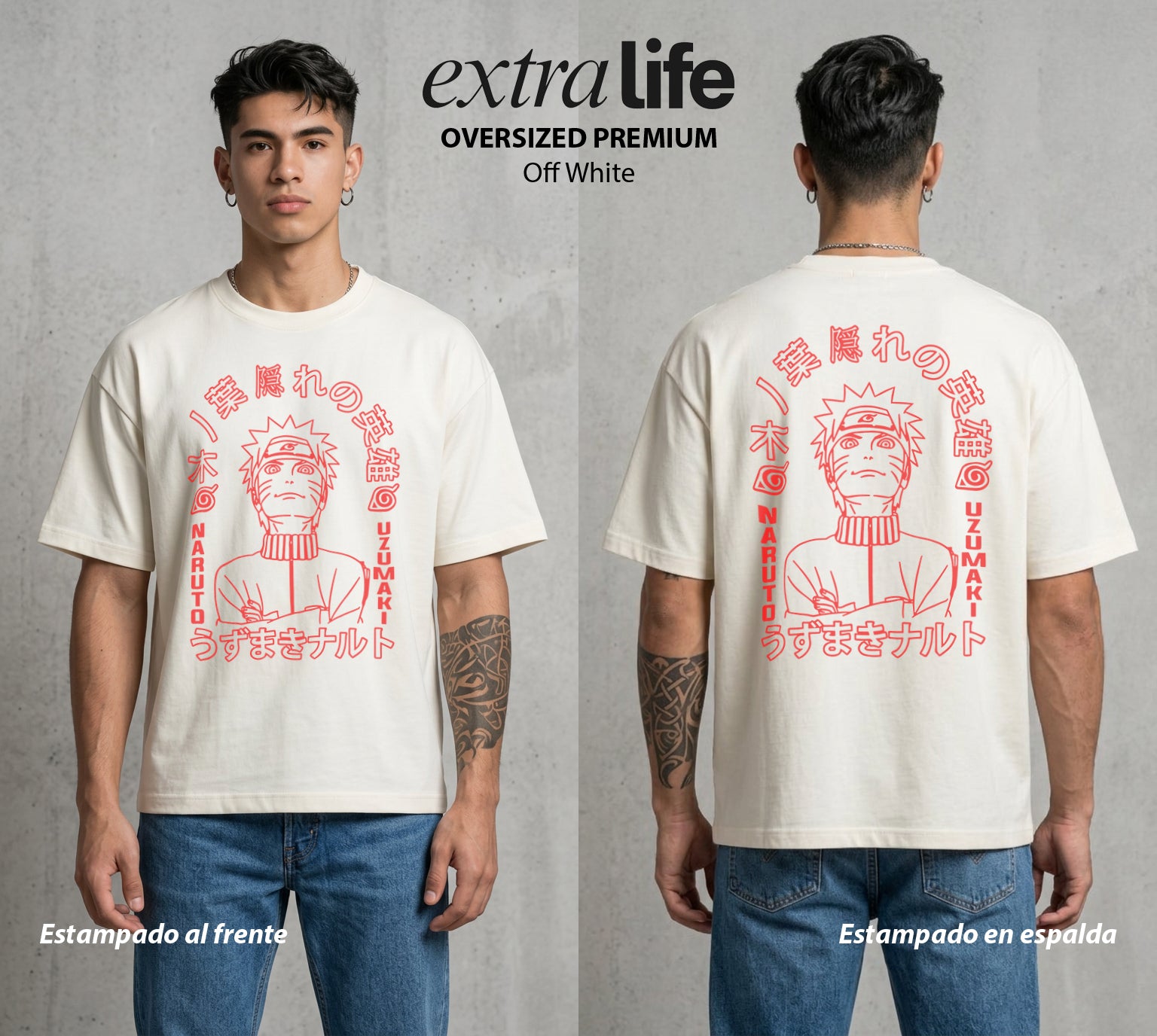 La Aldea Oculta | Zorro de Nueve Colas #02704 - Playera Oversized Premium | Off White - Foto en modelo