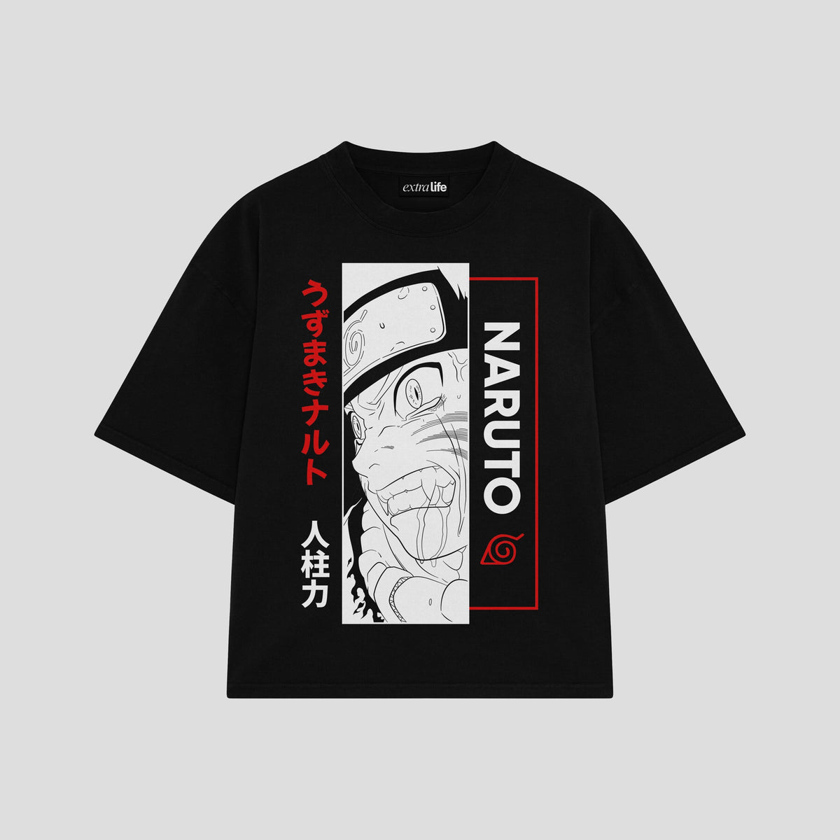 Playera streetwear premium de anime y gaming ExtraLife MX, corte oversized drop shoulder ligero y fresco en color Deep Black y Off-White, moda urbana mexicana de culto.