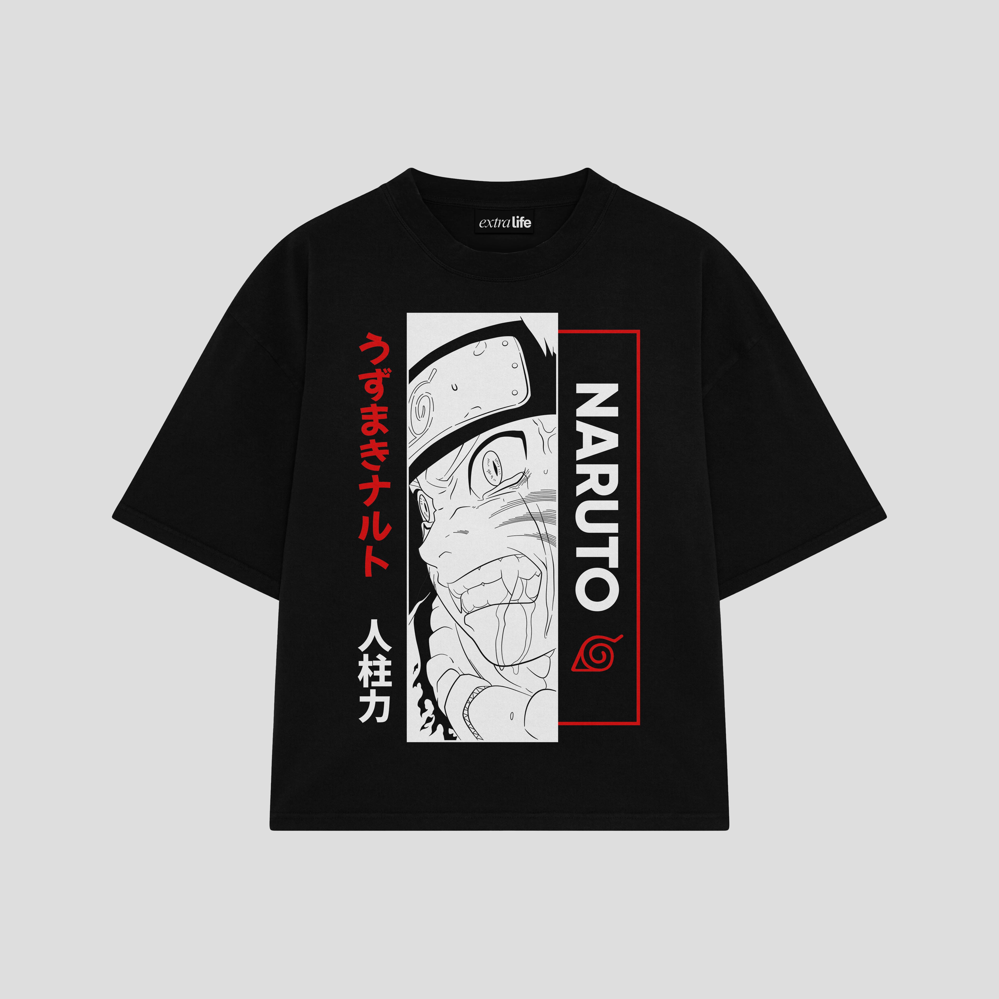 Playera streetwear premium de anime y gaming ExtraLife MX, corte boxy oversized drop shoulder heavyweight en color Deep Black y Off-White, moda urbana mexicana de culto.