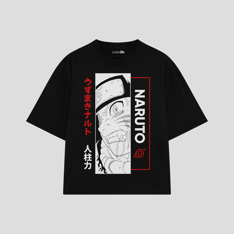 Playera streetwear premium de anime y gaming ExtraLife MX, corte boxy oversized drop shoulder heavyweight en color Deep Black y Off-White, moda urbana mexicana de culto.