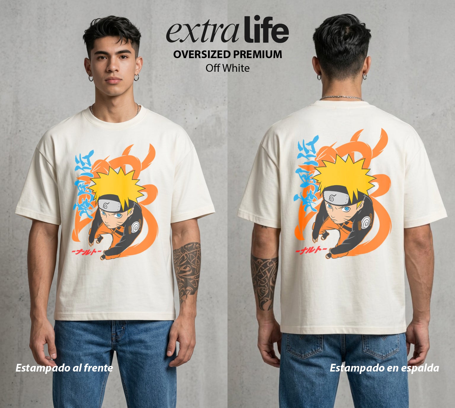 La Aldea Oculta | Dattebayo del Viento #02706 - Playera Oversized Premium | Off White - Foto en modelo