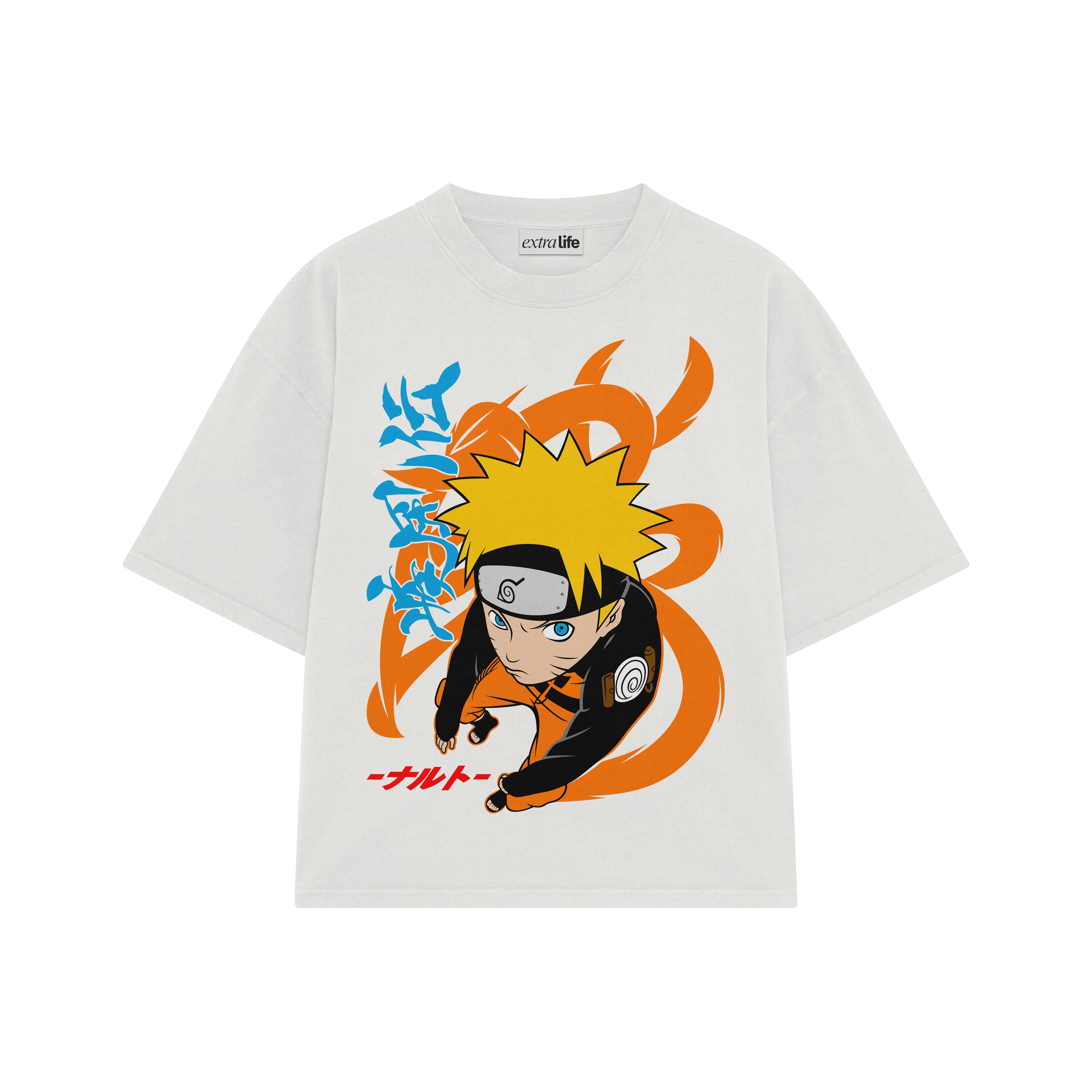 Playera streetwear premium de anime y gaming ExtraLife MX, corte boxy oversized drop shoulder heavyweight en color Deep Black y Off-White, moda urbana mexicana de culto.