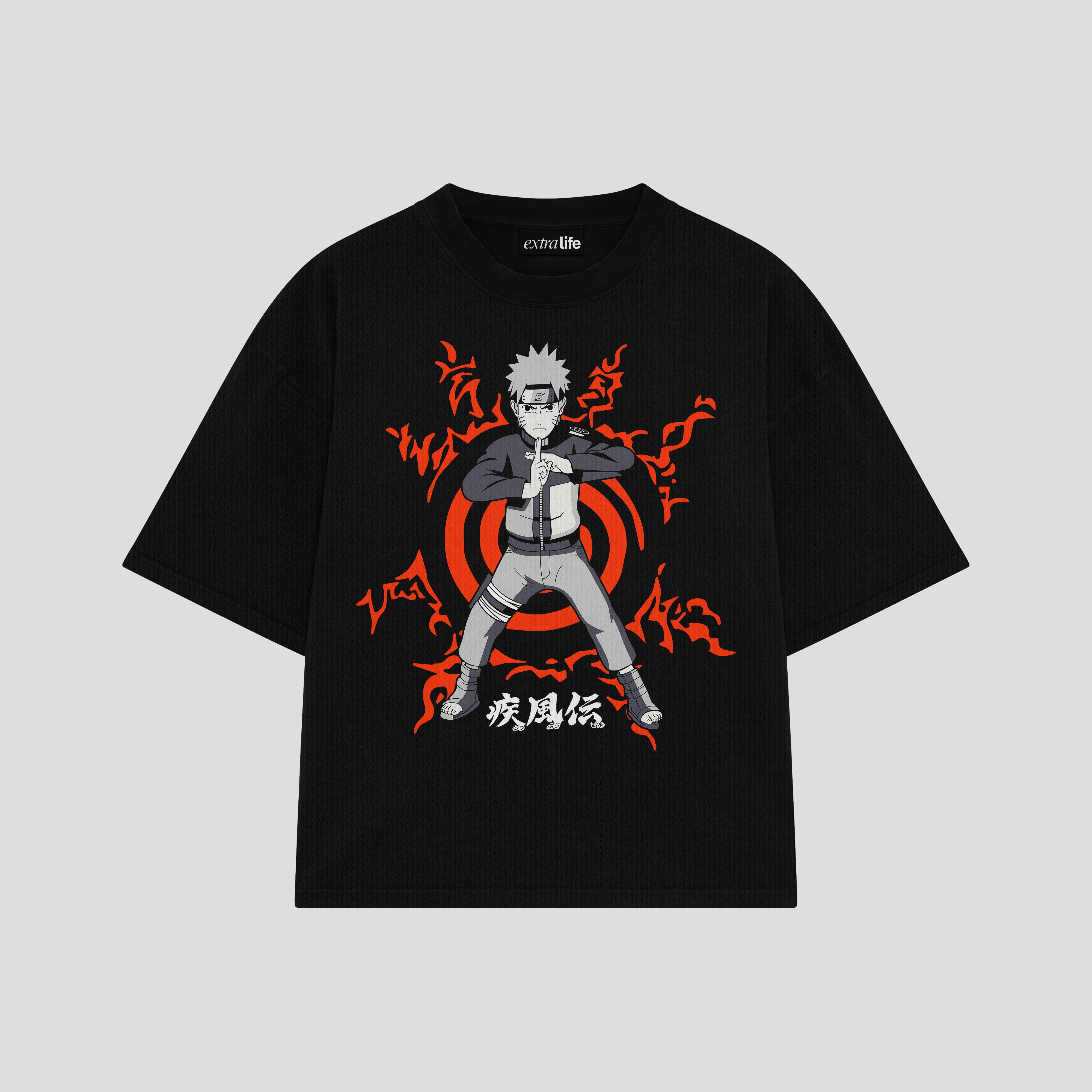 Playera streetwear premium de anime y gaming ExtraLife MX, corte boxy oversized drop shoulder heavyweight en color Deep Black y Off-White, moda urbana mexicana de culto.