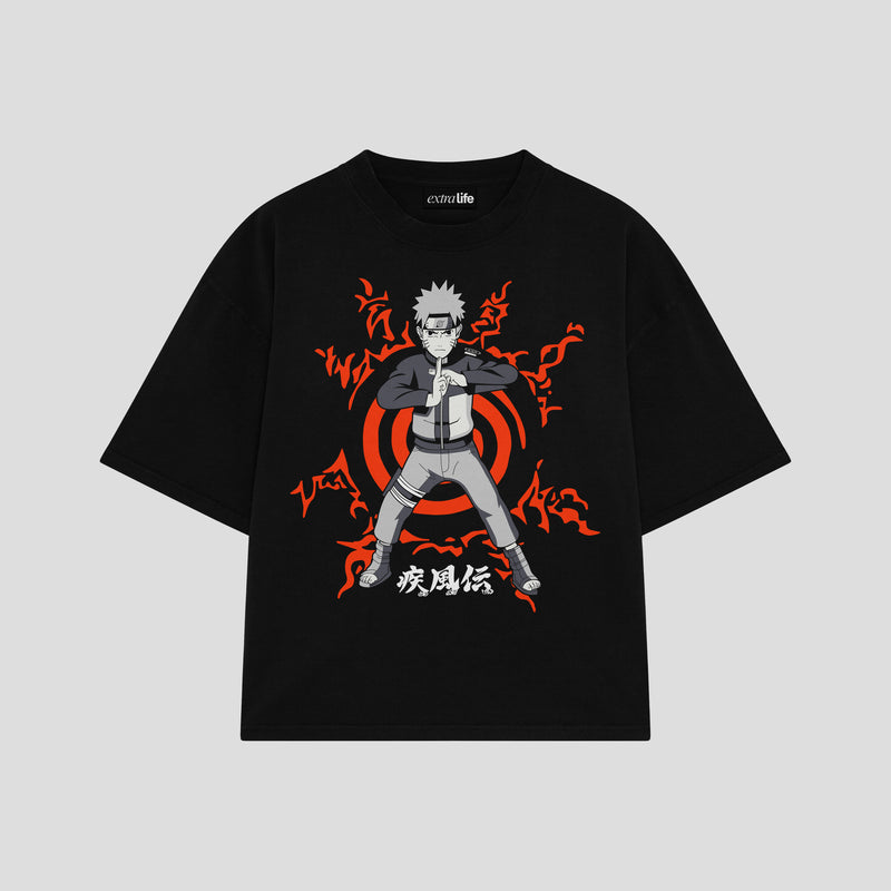 Playera streetwear premium de anime y gaming ExtraLife MX, corte boxy oversized drop shoulder heavyweight en color Deep Black y Off-White, moda urbana mexicana de culto.