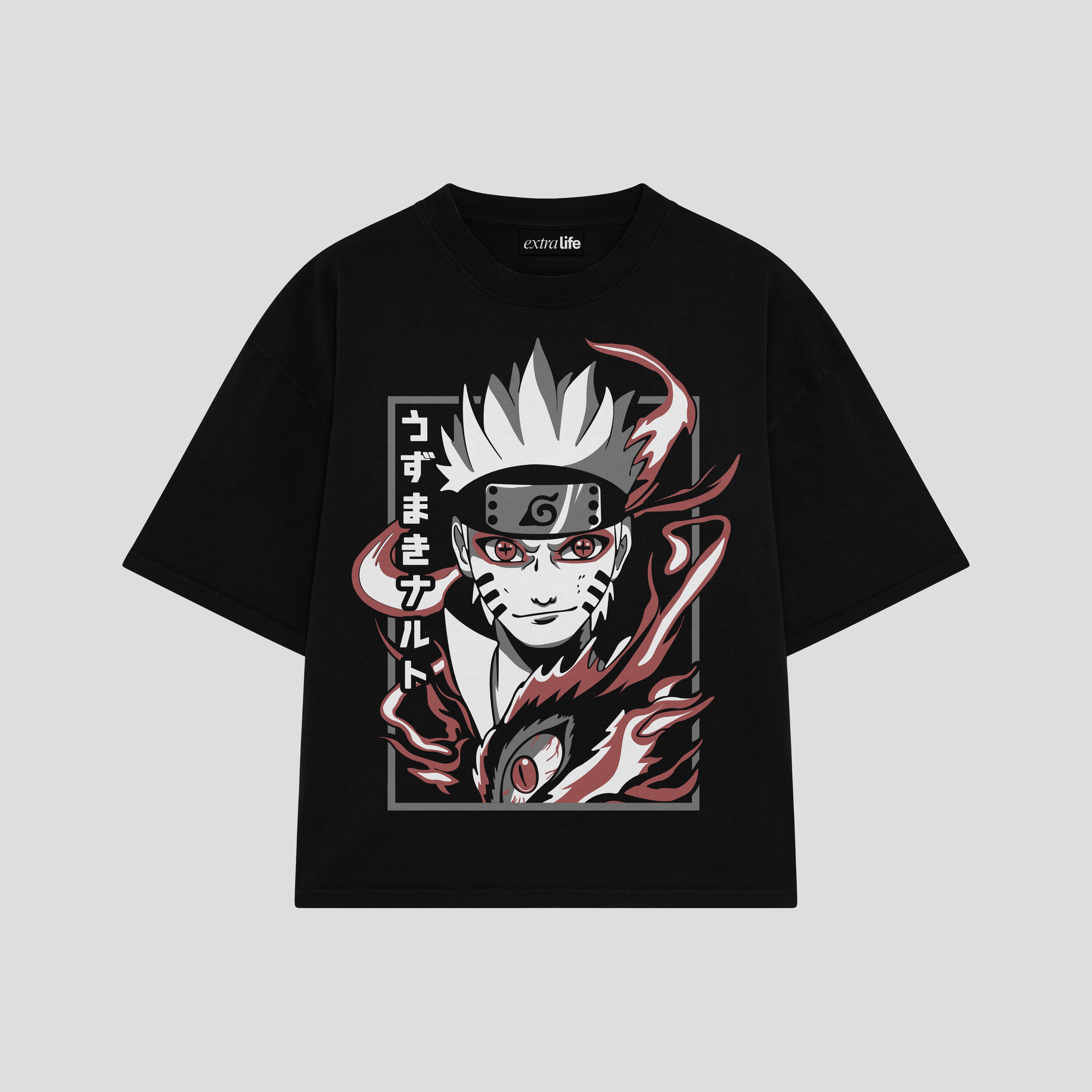 Playera streetwear premium de anime y gaming ExtraLife MX, corte boxy oversized drop shoulder heavyweight en color Deep Black y Off-White, moda urbana mexicana de culto.