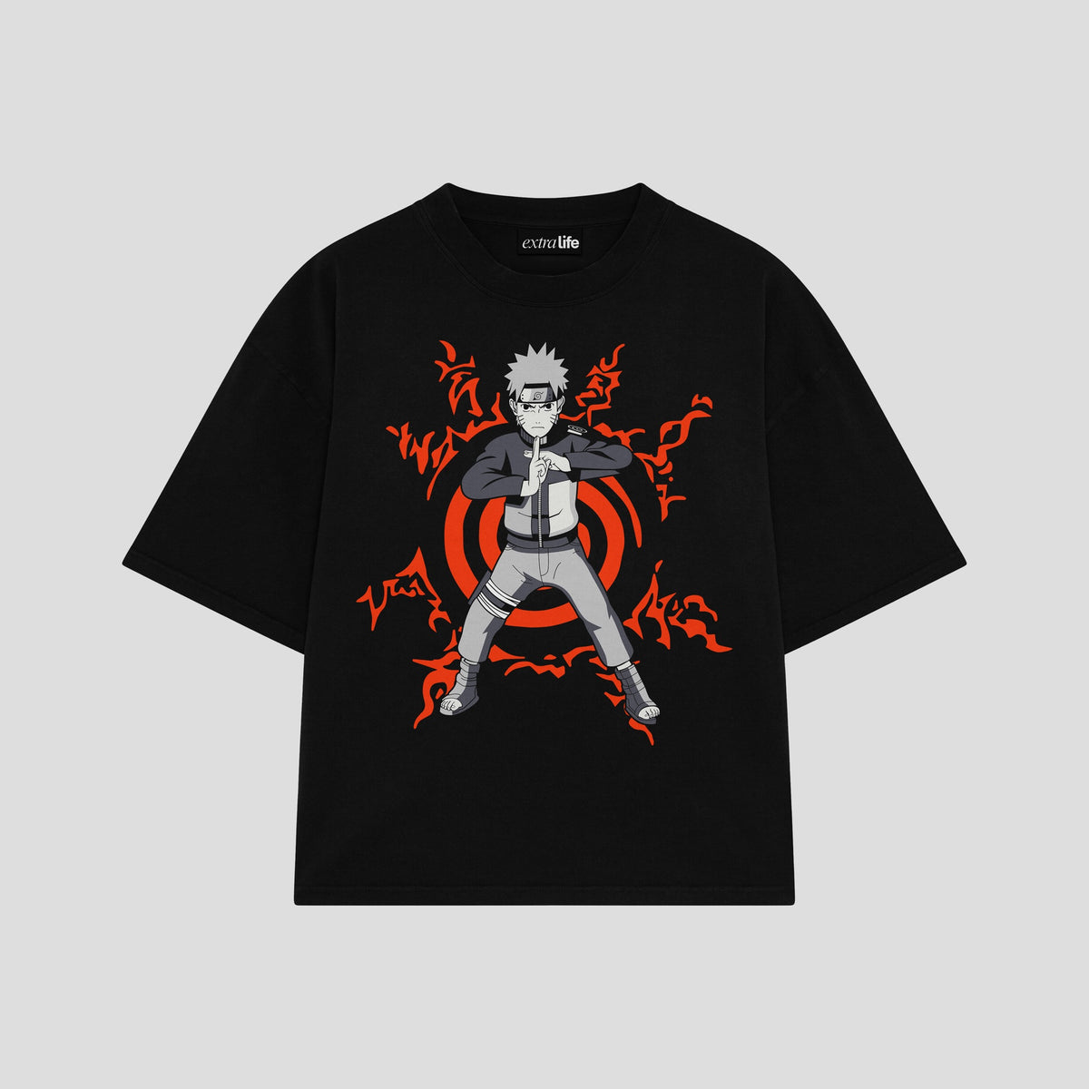 Playera streetwear premium de anime y gaming ExtraLife MX, corte oversized drop shoulder ligero y fresco en color Deep Black y Off-White, moda urbana mexicana de culto.