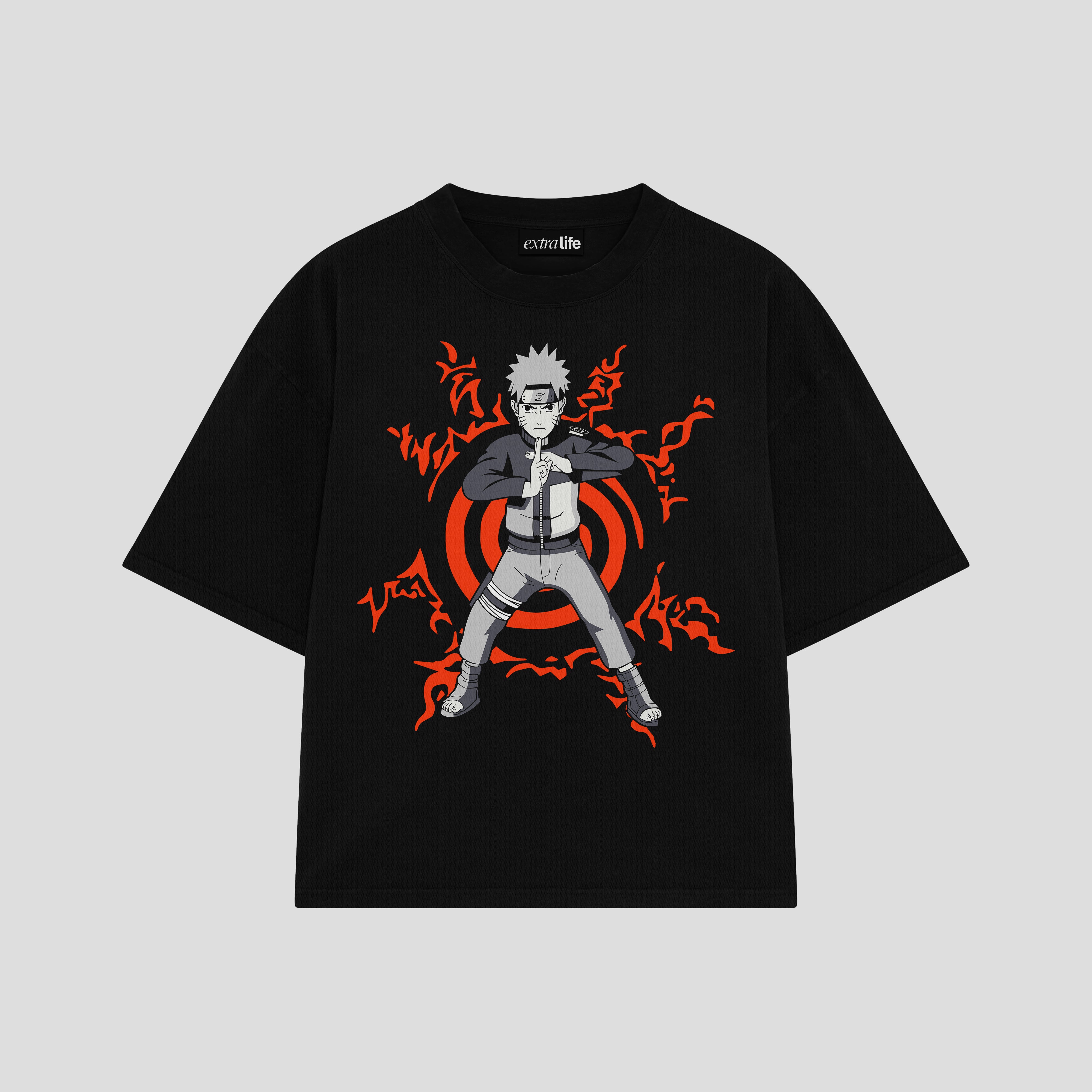 Playera streetwear premium de anime y gaming ExtraLife MX, corte boxy oversized drop shoulder heavyweight en color Deep Black y Off-White, moda urbana mexicana de culto.