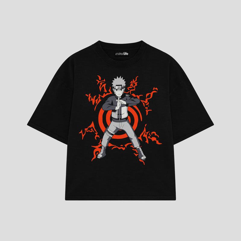 Playera streetwear premium de anime y gaming ExtraLife MX, corte boxy oversized drop shoulder heavyweight en color Deep Black y Off-White, moda urbana mexicana de culto.