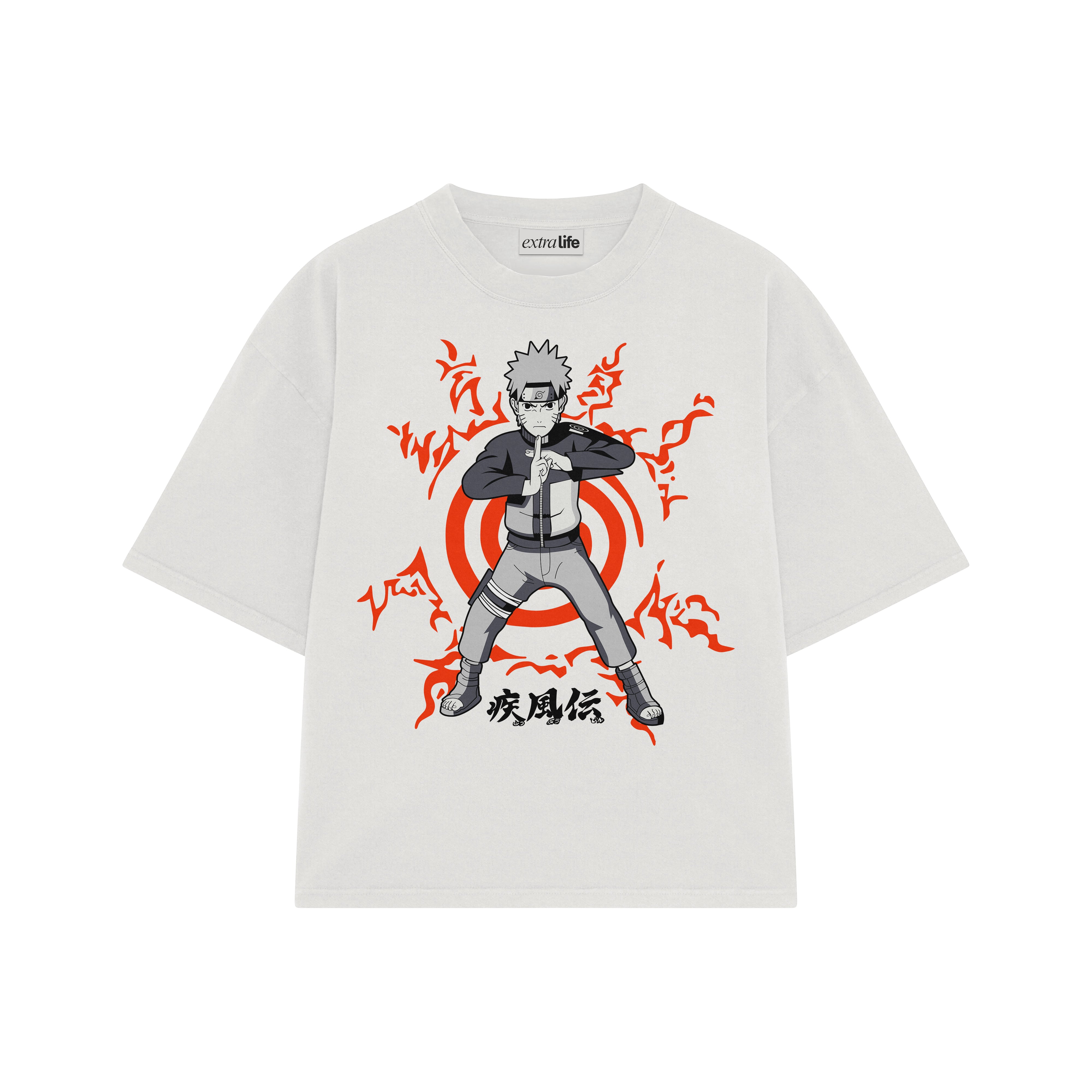 Playera streetwear premium de anime y gaming ExtraLife MX, corte boxy oversized drop shoulder heavyweight en color Deep Black y Off-White, moda urbana mexicana de culto.