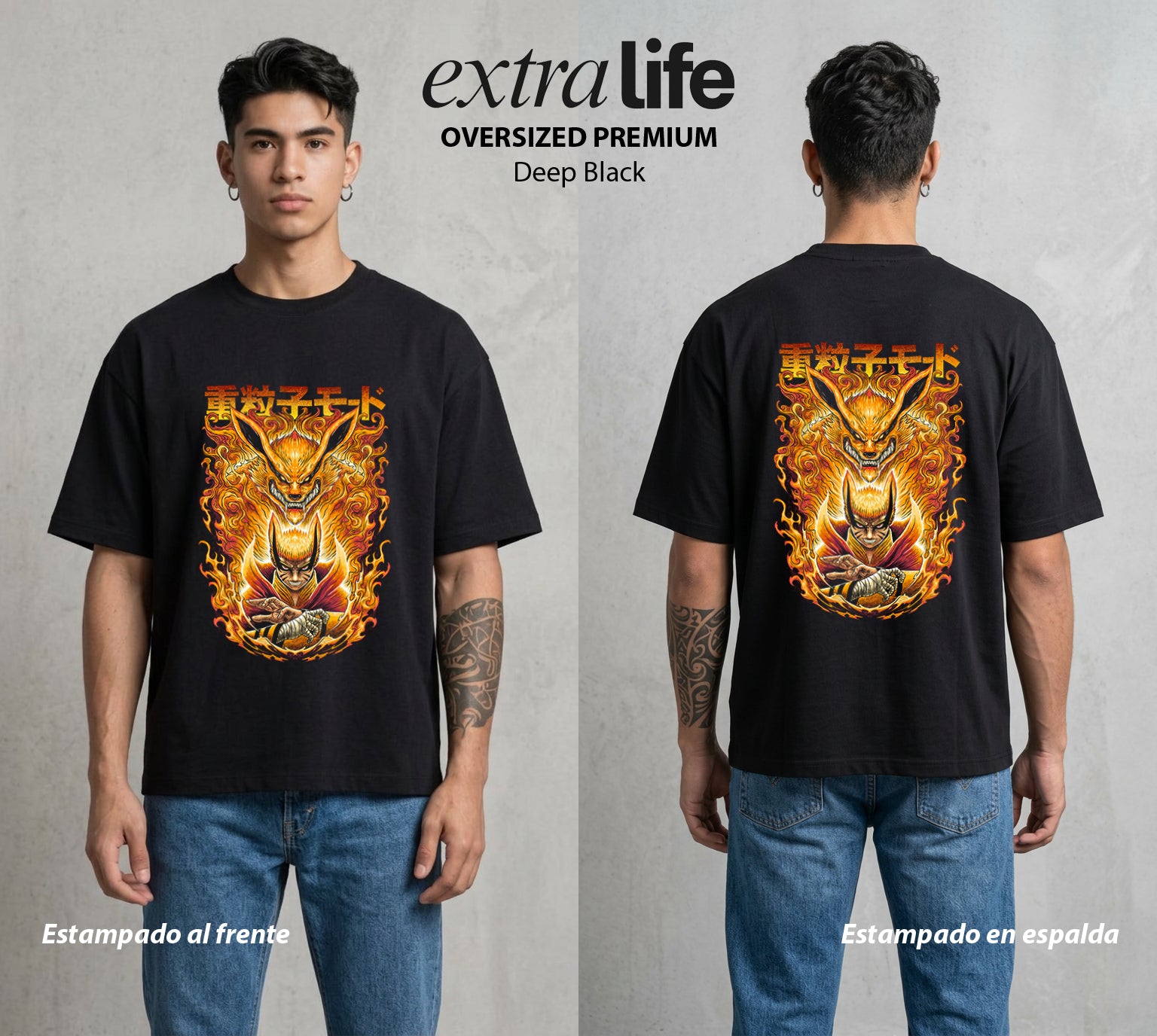 La Aldea Oculta | Spiritu del Zorro #02710 - Playera Oversized Premium | Deep Black - Foto en modelo