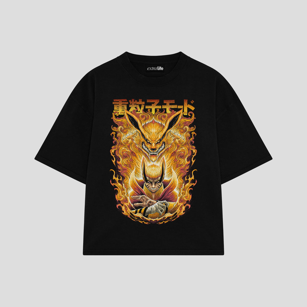 Playera streetwear premium de anime y gaming ExtraLife MX, corte oversized drop shoulder ligero y fresco en color Deep Black y Off-White, moda urbana mexicana de culto.