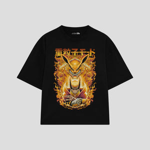 Playera streetwear premium de anime y gaming ExtraLife MX, corte boxy oversized drop shoulder heavyweight en color Deep Black y Off-White, moda urbana mexicana de culto.