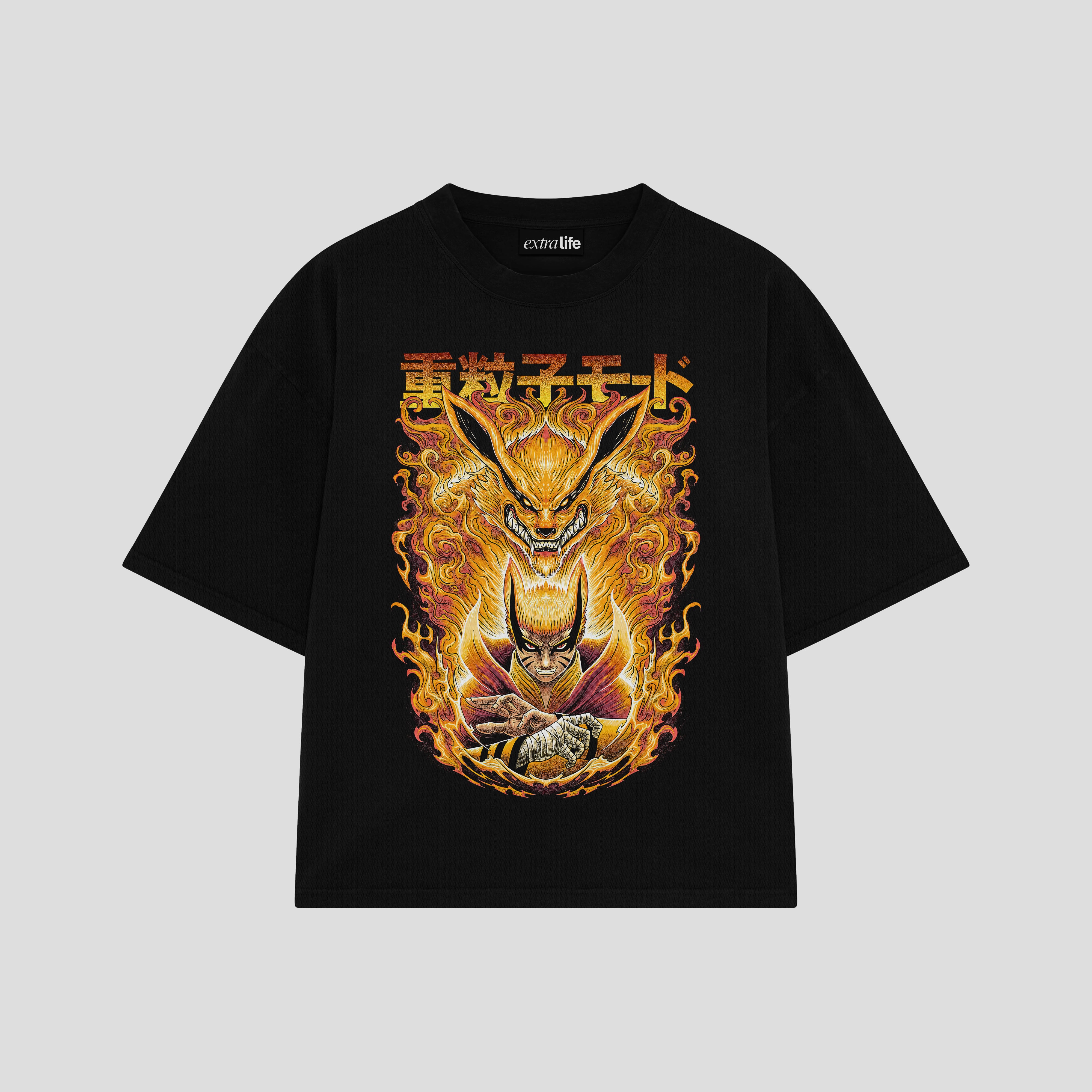 Playera streetwear premium de anime y gaming ExtraLife MX, corte boxy oversized drop shoulder heavyweight en color Deep Black y Off-White, moda urbana mexicana de culto.