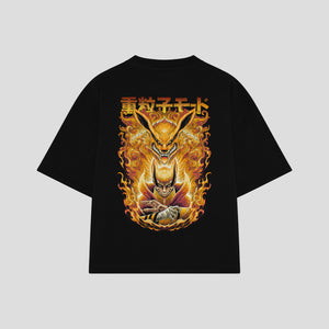 Playera streetwear premium de anime y gaming ExtraLife MX, corte boxy oversized drop shoulder heavyweight en color Deep Black y Off-White, moda urbana mexicana de culto.