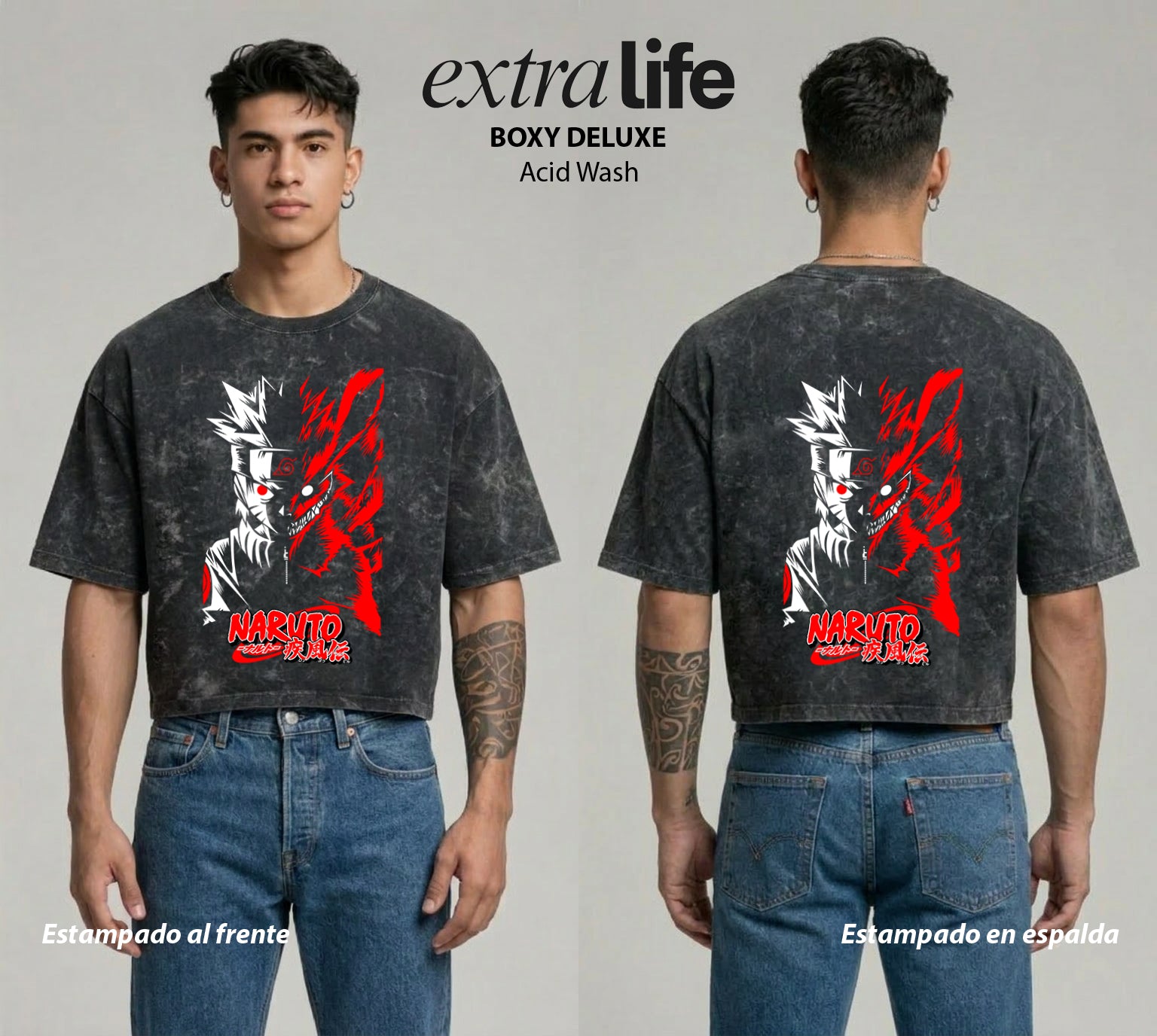 Playera streetwear premium de anime y gaming ExtraLife MX, corte boxy deluxe mineral wash heavyweight en color Acid Wash, moda urbana mexicana de culto.