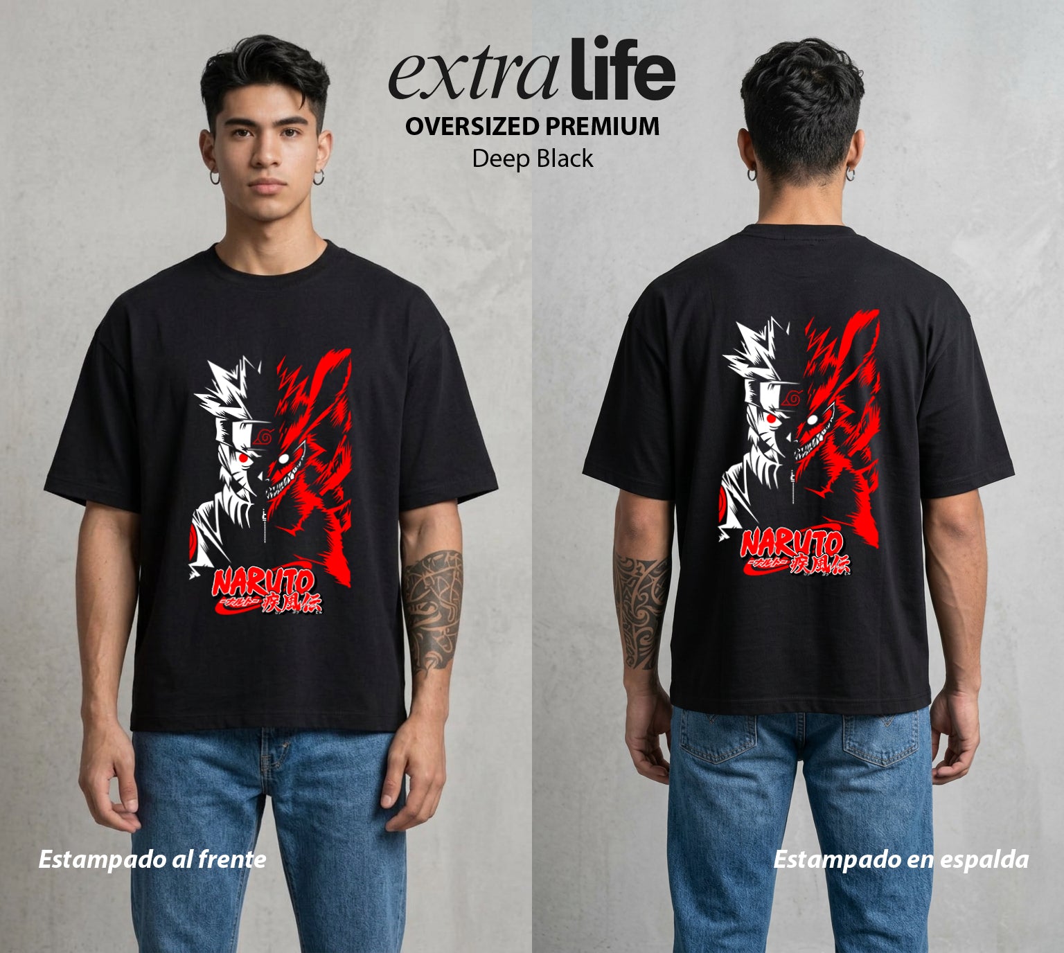 La Aldea Oculta | Zorro de Nueve Colas #02711 - Playera Oversized Premium | Deep Black - Foto en modelo