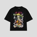 Playera streetwear premium de anime y gaming ExtraLife MX, corte boxy oversized drop shoulder heavyweight en color Deep Black y Off-White, moda urbana mexicana de culto.