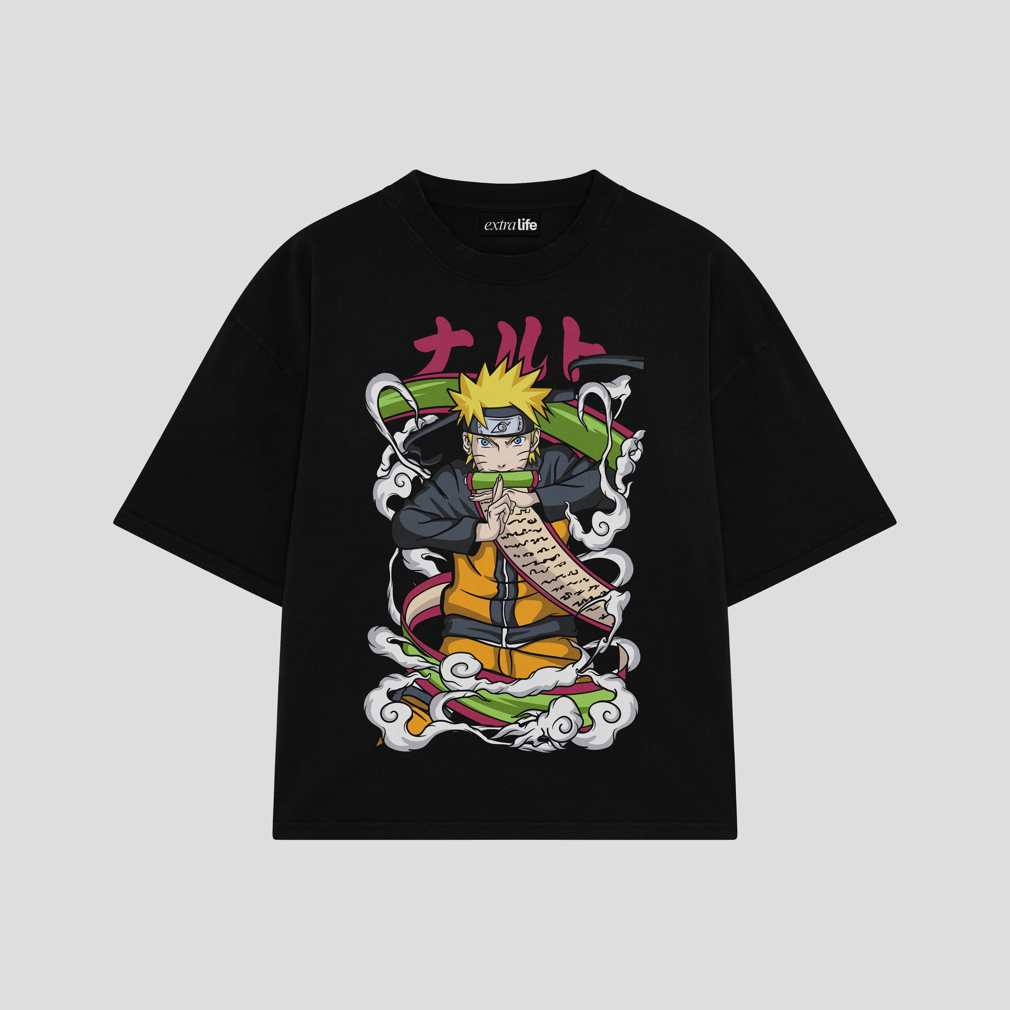 Playera streetwear premium de anime y gaming ExtraLife MX, corte boxy oversized drop shoulder heavyweight en color Deep Black y Off-White, moda urbana mexicana de culto.