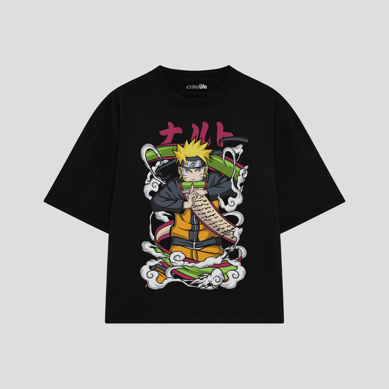 Playera streetwear premium de anime y gaming ExtraLife MX, corte boxy oversized drop shoulder heavyweight en color Deep Black y Off-White, moda urbana mexicana de culto.